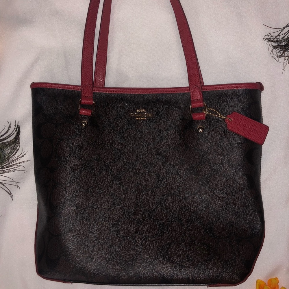 Leather Dark Brown And Red Coach Bag